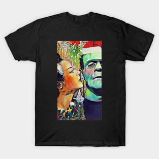 Christmas Frankenstein and Bride Kiss under the mistletoe T-Shirt